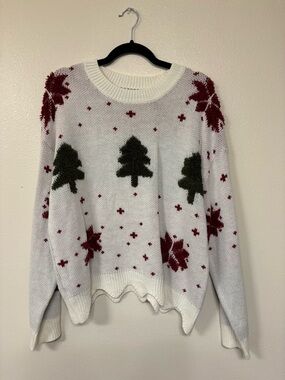 White Holiday Knit Sweater with Green Trees and Red Snowflake Motif